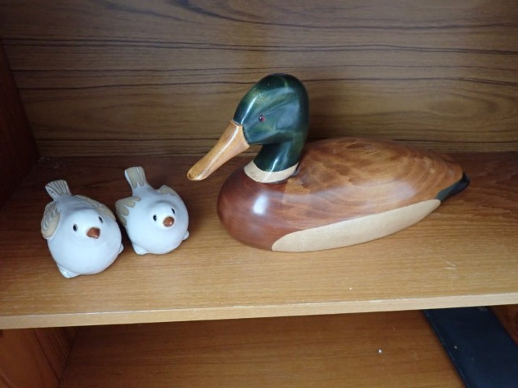 Jim Harkness Carved Wooden Mallard and Pair of Ceramic Birds