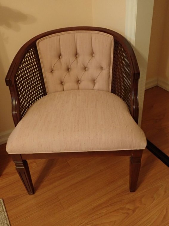Cane-Sided Upholstered Barrel Chair