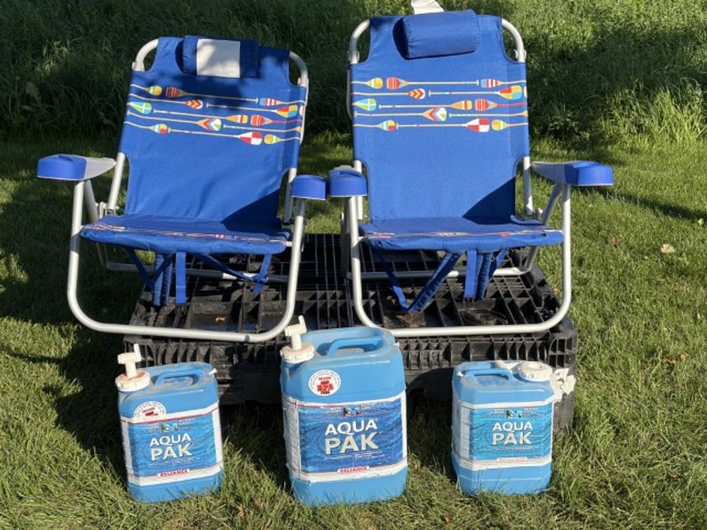 Pair of Kirkland Signature Aluminum Folding Beach Chairs & Aqua-Pak Water Containers
