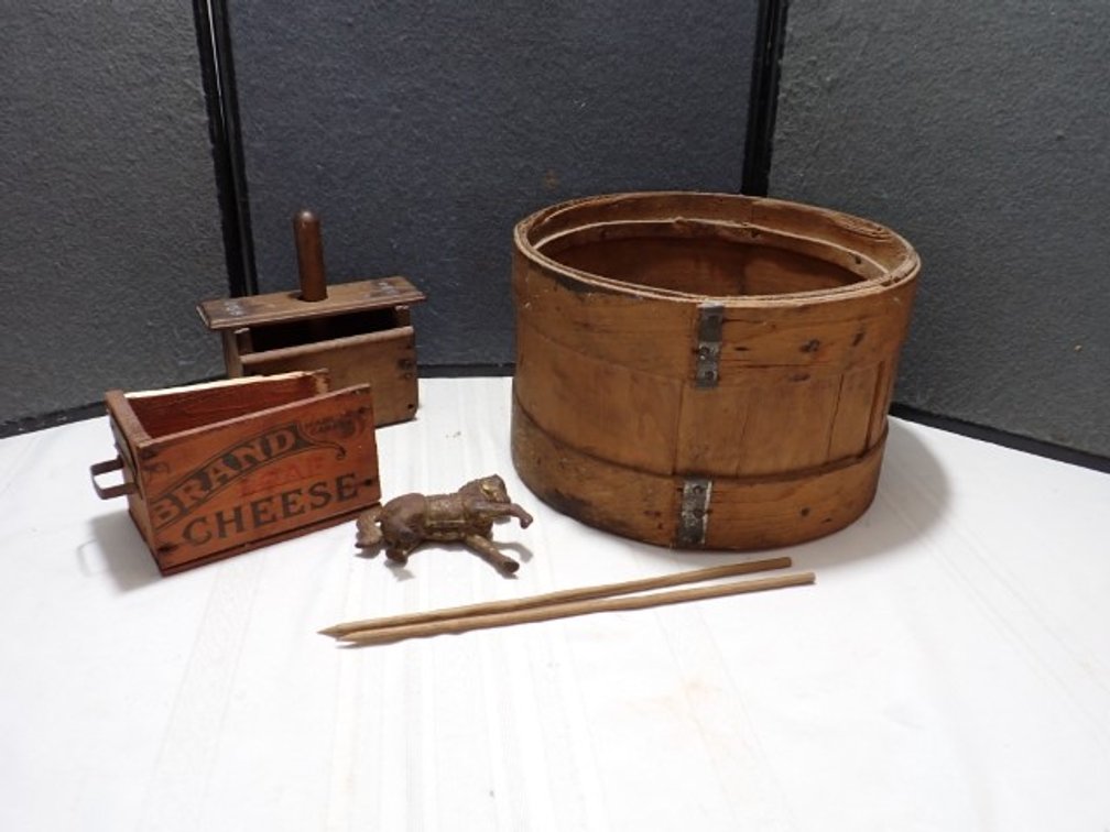 Butter Press and Stave Basket and bank