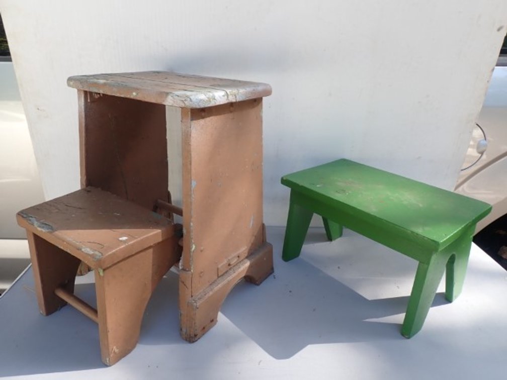 Vintage Wooden Foldable Step Stool & Small Stool