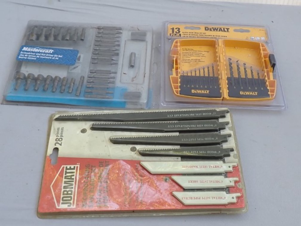 Dewalt Drill Bit Set, JobMate Reciprocating Saw Blade Set, Mastercraft Screwdriver & Nut Driver Set