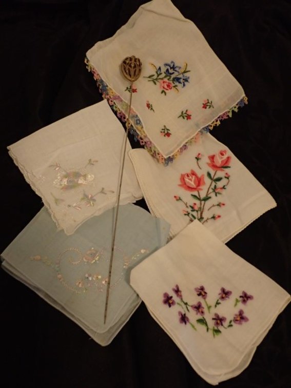 Antique Gold Tone Hatpin and Handkerchiefs