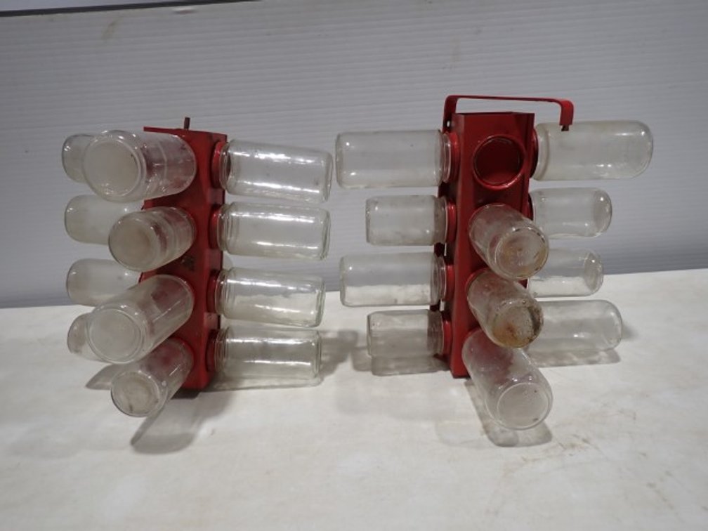 Red Metal Storage Organizer With Glass Jars
