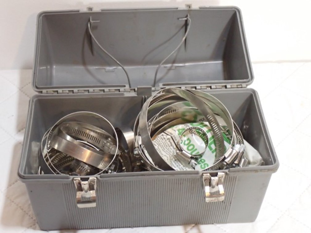 Vintage Grey Plastic Dome Thermos Lunch Box containing clamps