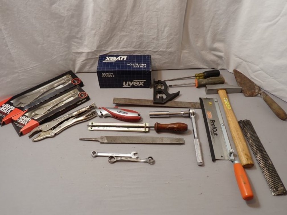 Various Vice Grips, Files, Ratchet Wrench, Masonry trowel and more