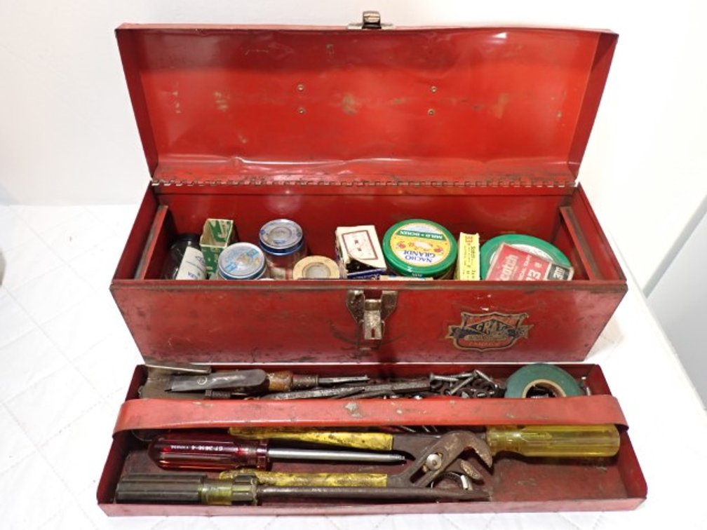 Red Metal Tool Box With Contents