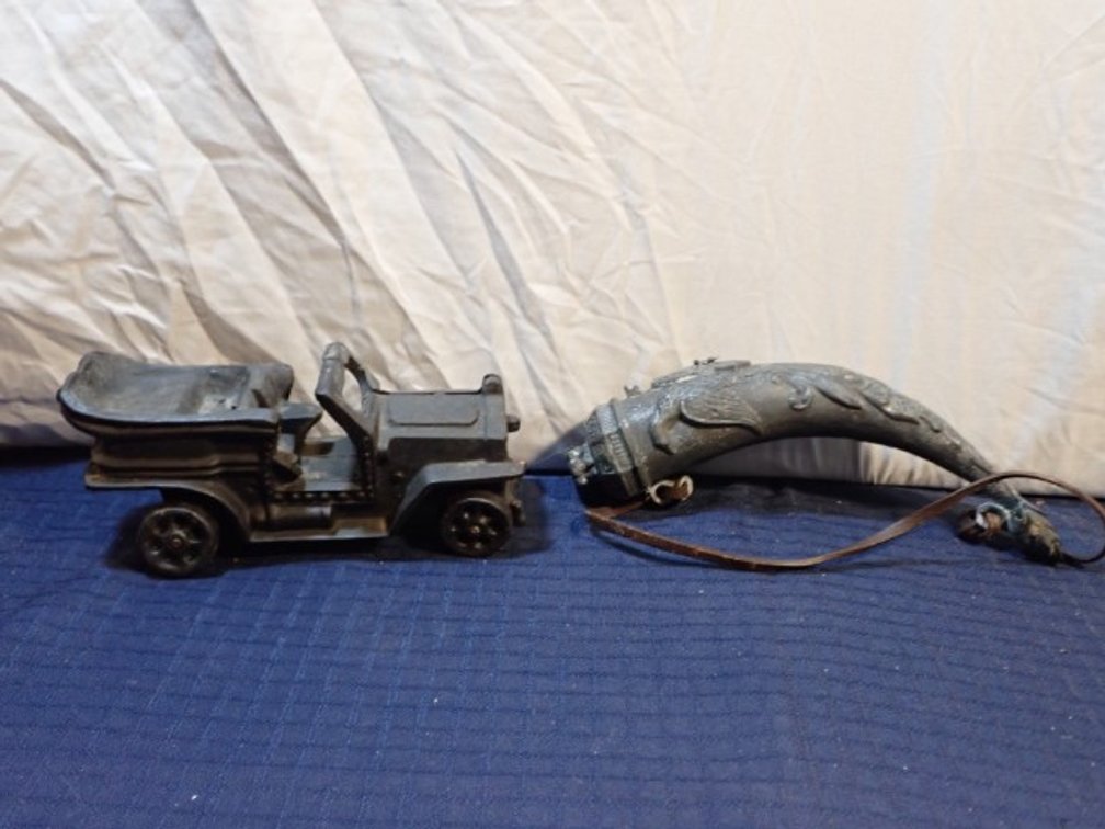 Pewter Powder Horn & Cast Iron Car