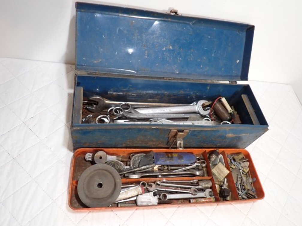 Vintage Blue Metal Toolbox with various wrenches