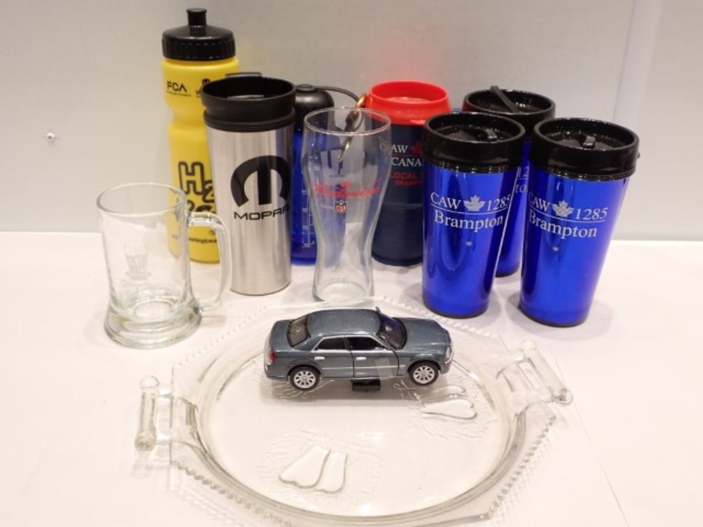 Variety of Water Bottles, Coffee Travelers and a Baltimore Pear Glass Platter and Die Cast Car