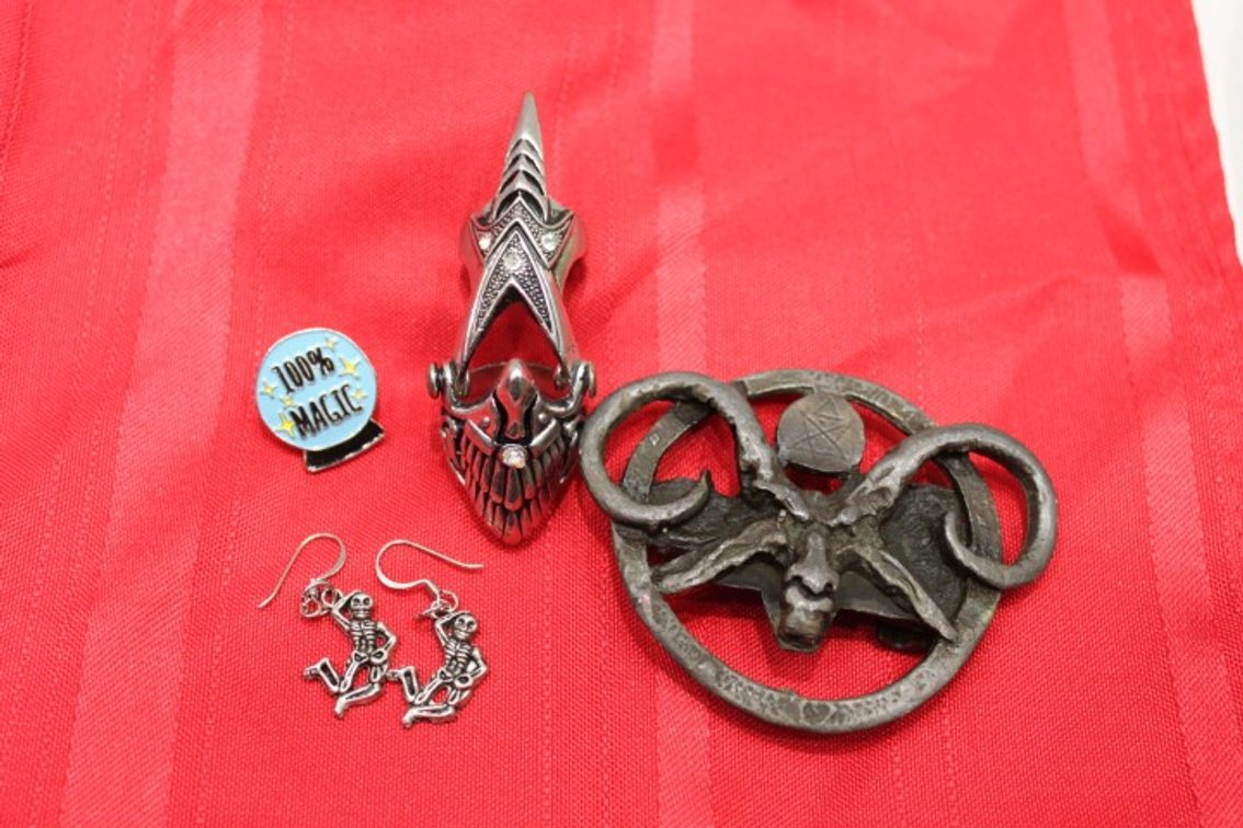 Goth Jewels – Metal Devil Belt Buckle, Armour Ring, and Skeleton Earrings