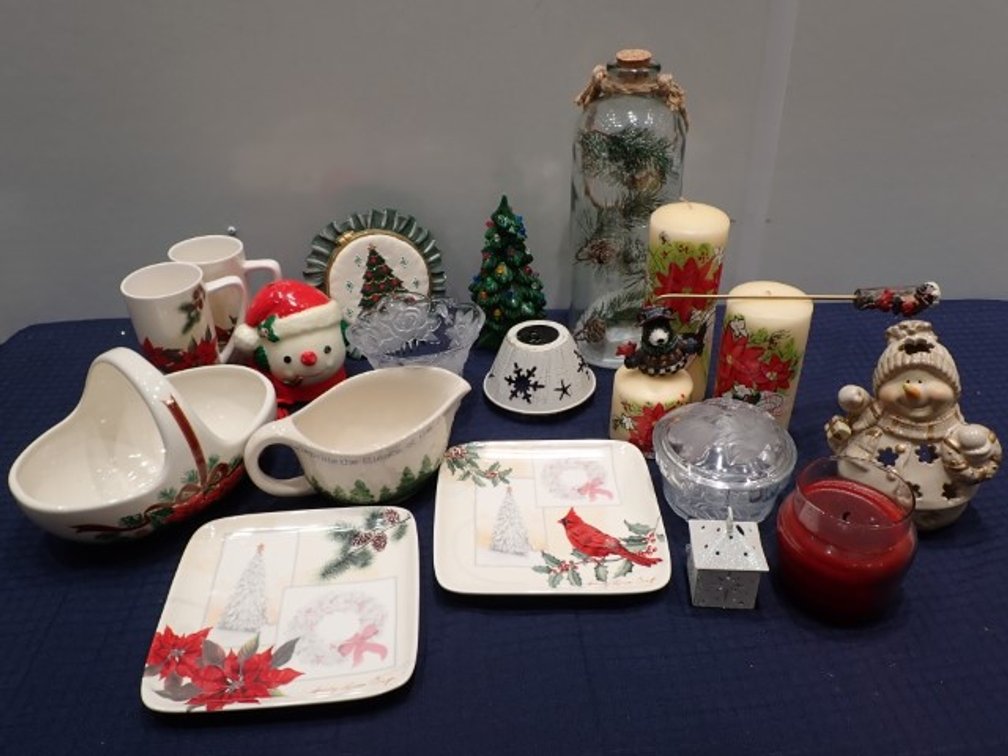 Ceramic Russ Christmas Gravy Boat, Ceramic Handled Basket and other Christmas Decor