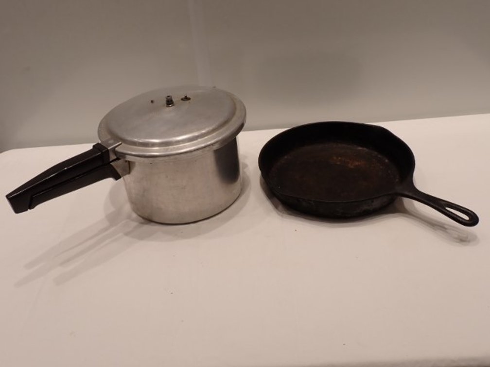 Cast Iron Pan and Pressure Cooker