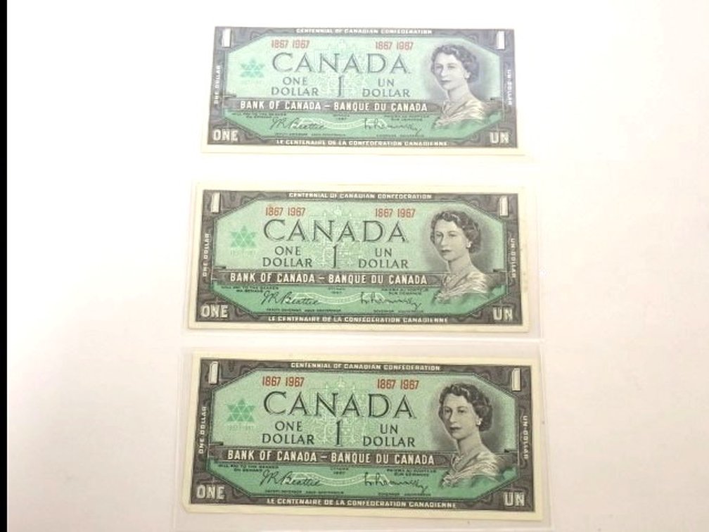 3 Centennial $1 Canadian Bank Notes