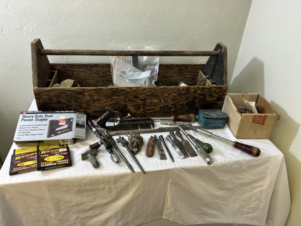 Vintage Wooden Tool Box with Contents