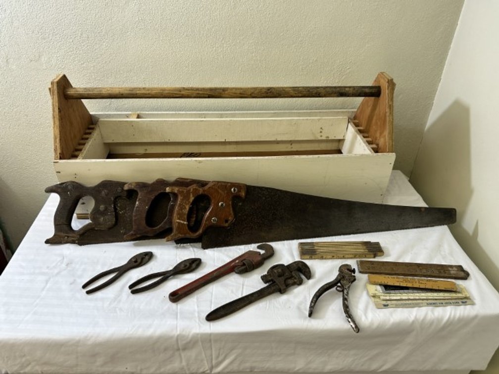 Rustic Wooden Tool Box With Contents