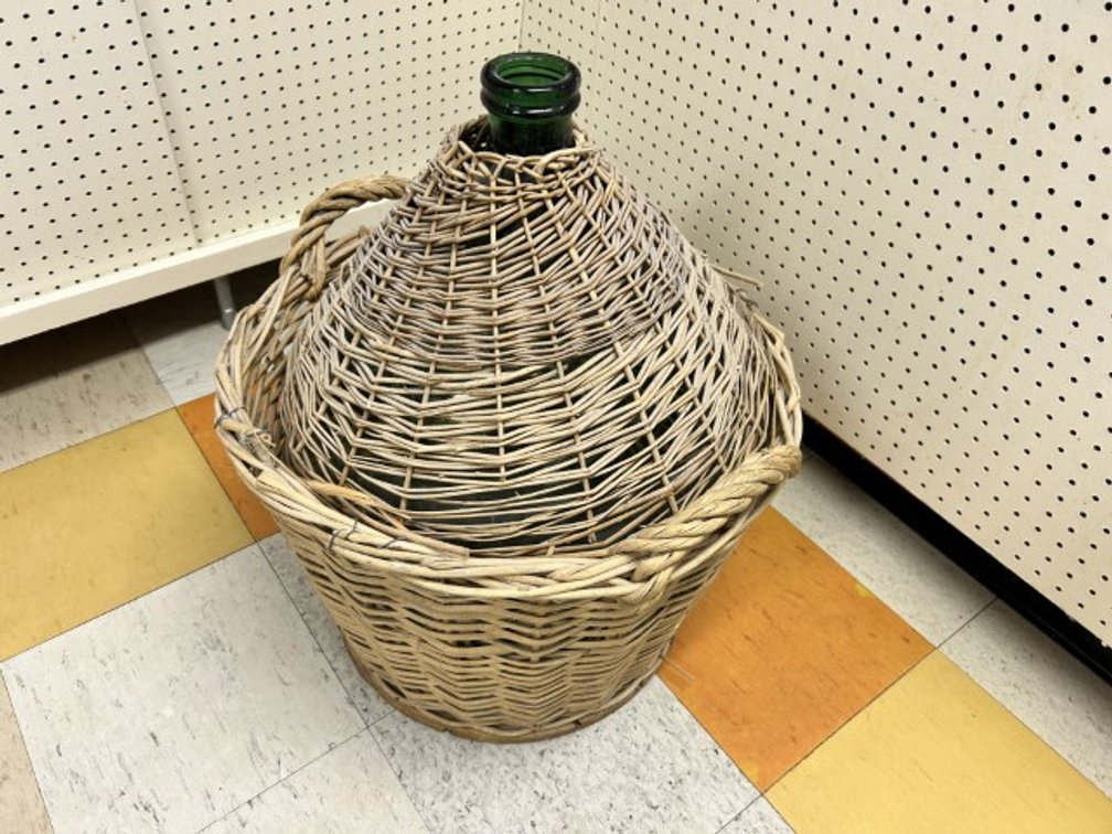 Green Demijohn With Protective Wicker Basket