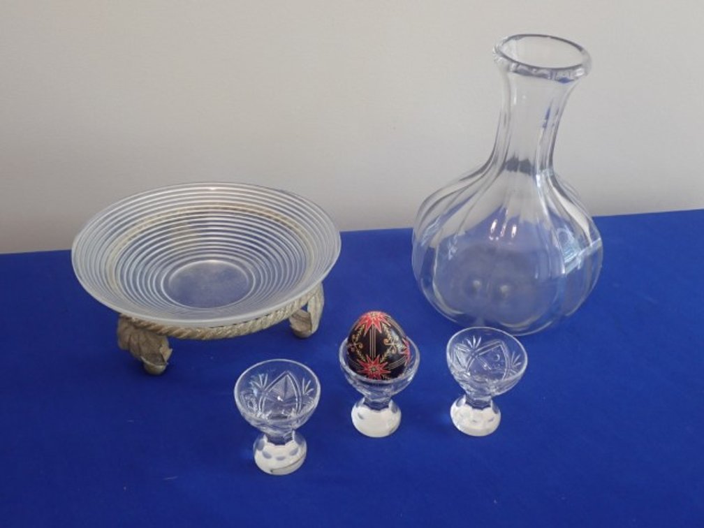 Corelle, egg cups, decanter, stopper plus