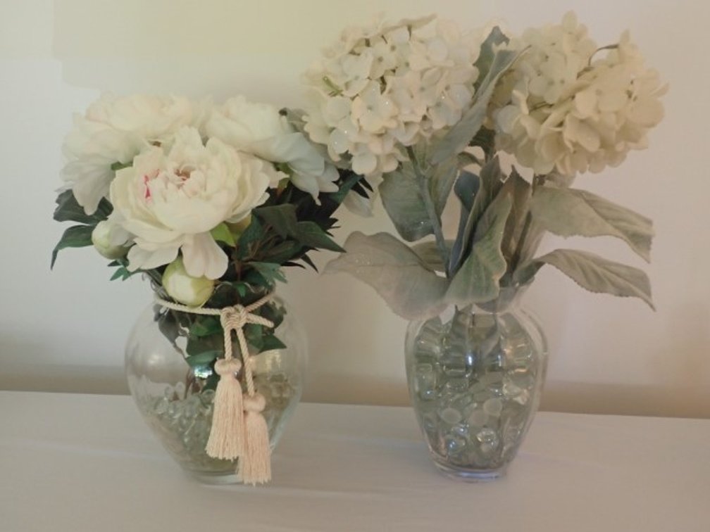 Two Vases, Beads, and Flowers