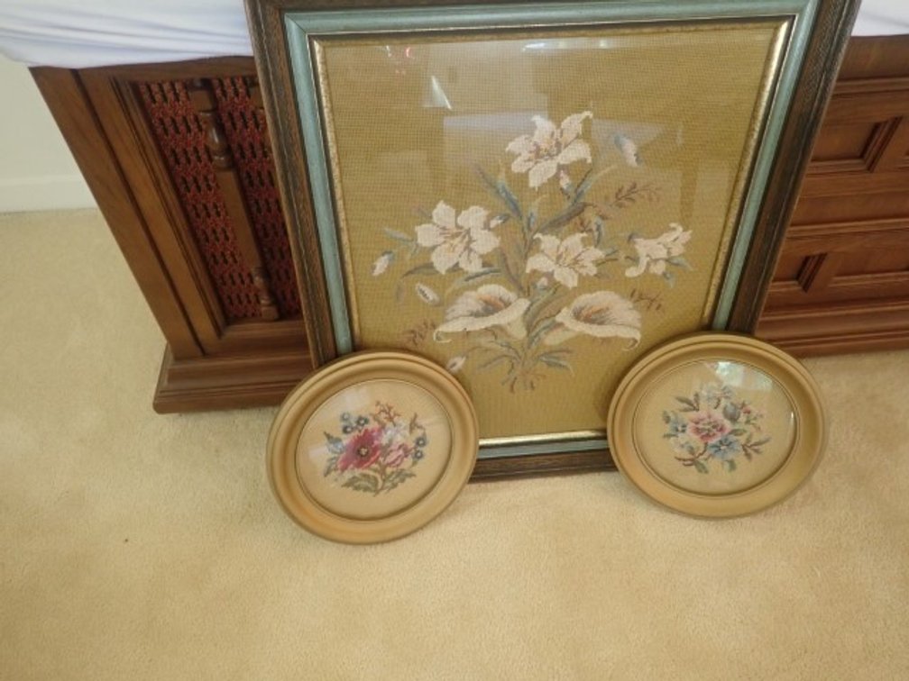 3 Needlepoint Pictures with Lilies Framed