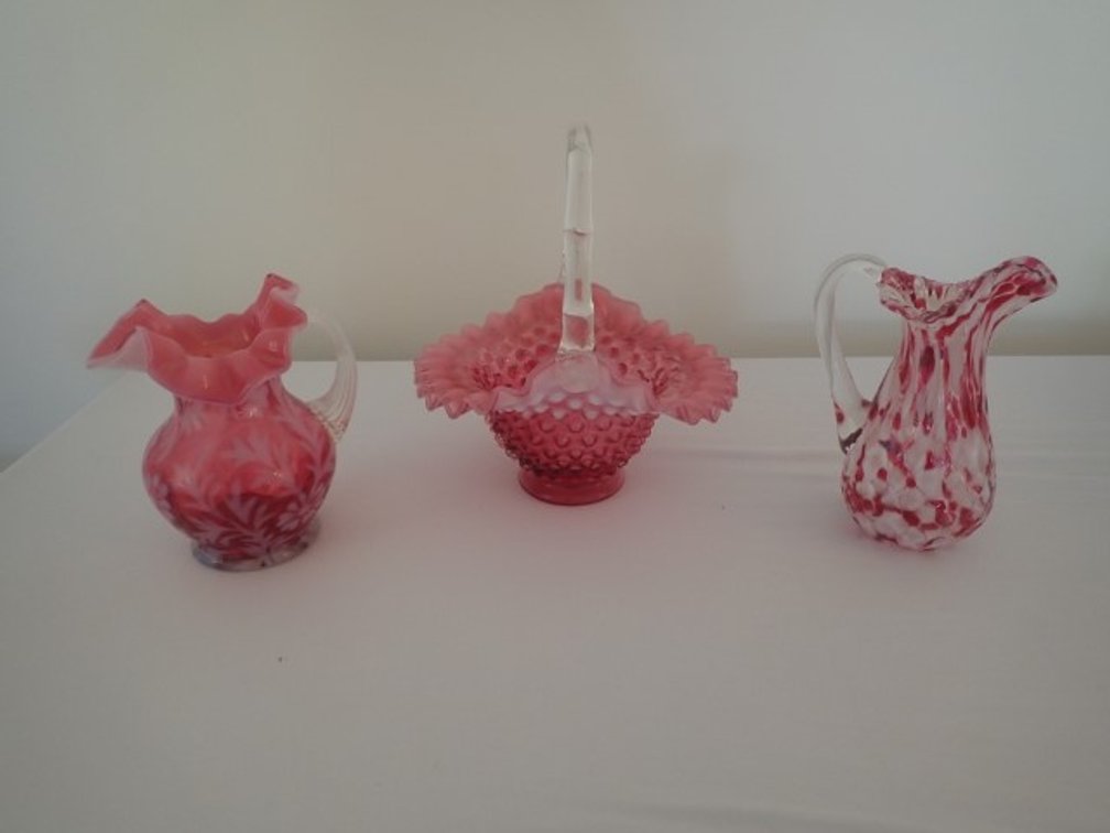 Fenton Flower Basket and Pitchers