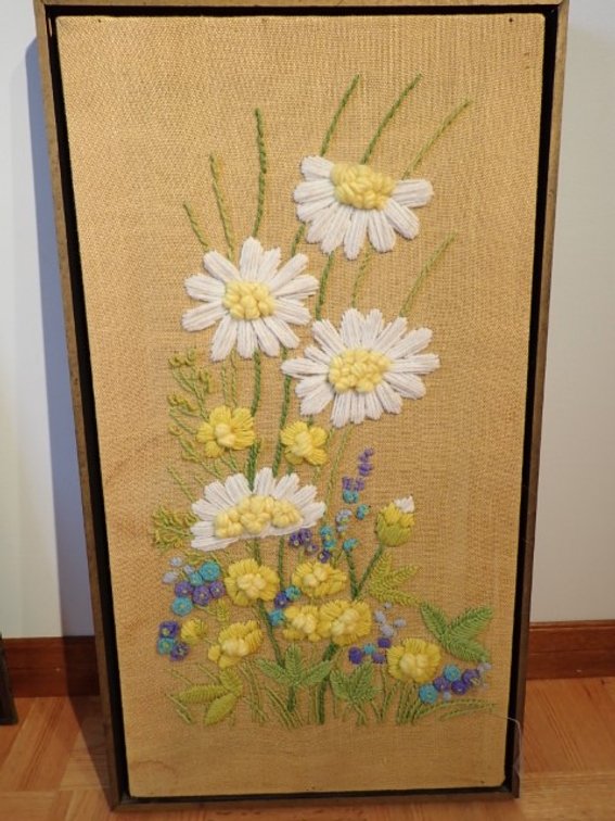 Vintage Floral Crewel Embroidery Wall Hanging