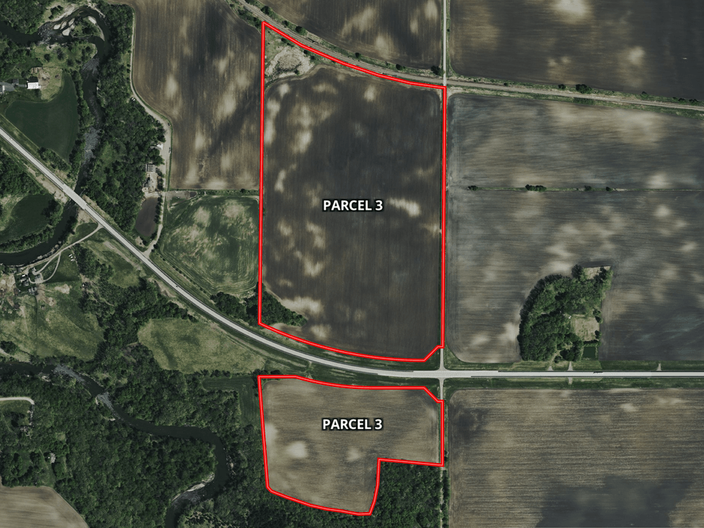 Parcel 3 - 86.94± Surveyed Acres, 81.34± Tillable (FSA) Acres, located in part of the E 1/2 of the SE1/4 of Section 5 (N of road), and part of the NE1/4 of the NE 1/4 of Section 8 (S of road), all in Twp 115, Range 38, Hawk Creek Township, Renville Co, MN