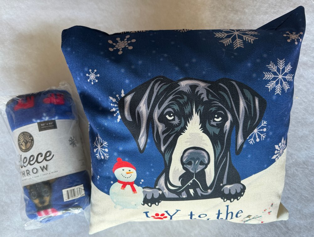 Blue Doggie Holiday Printed Fleece Throw with Dog Themed "Joy To The World" Pillow