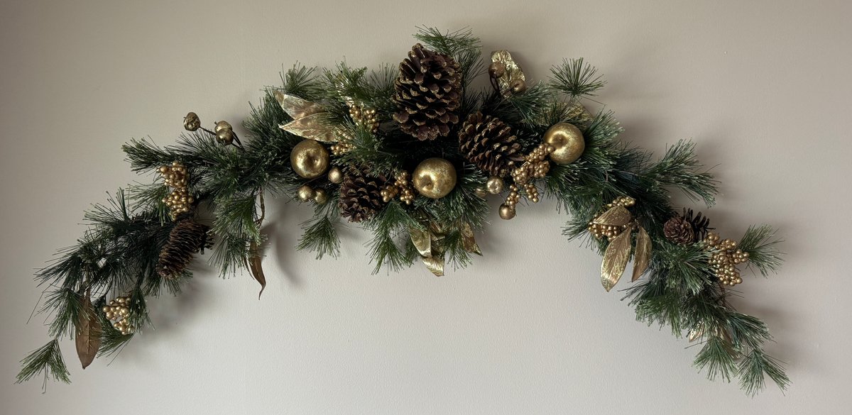 Beautiful Faux White Pine Holiday Arched Swag with Pinecones and Gilded Accents 