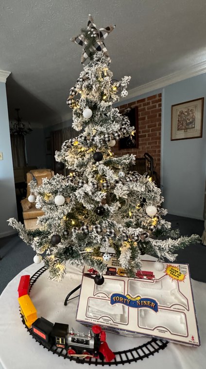 4' Flocked Lit Tree B & W Theme Tree with 8' Train Set