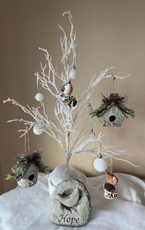 26" White Glittery Tree Milk Glass Base, with Birds & Birdhouses