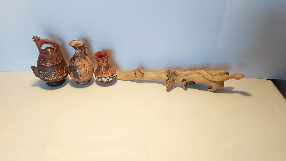 Hand Carved Snakes on Wood; (3)Hand Painted Pottery