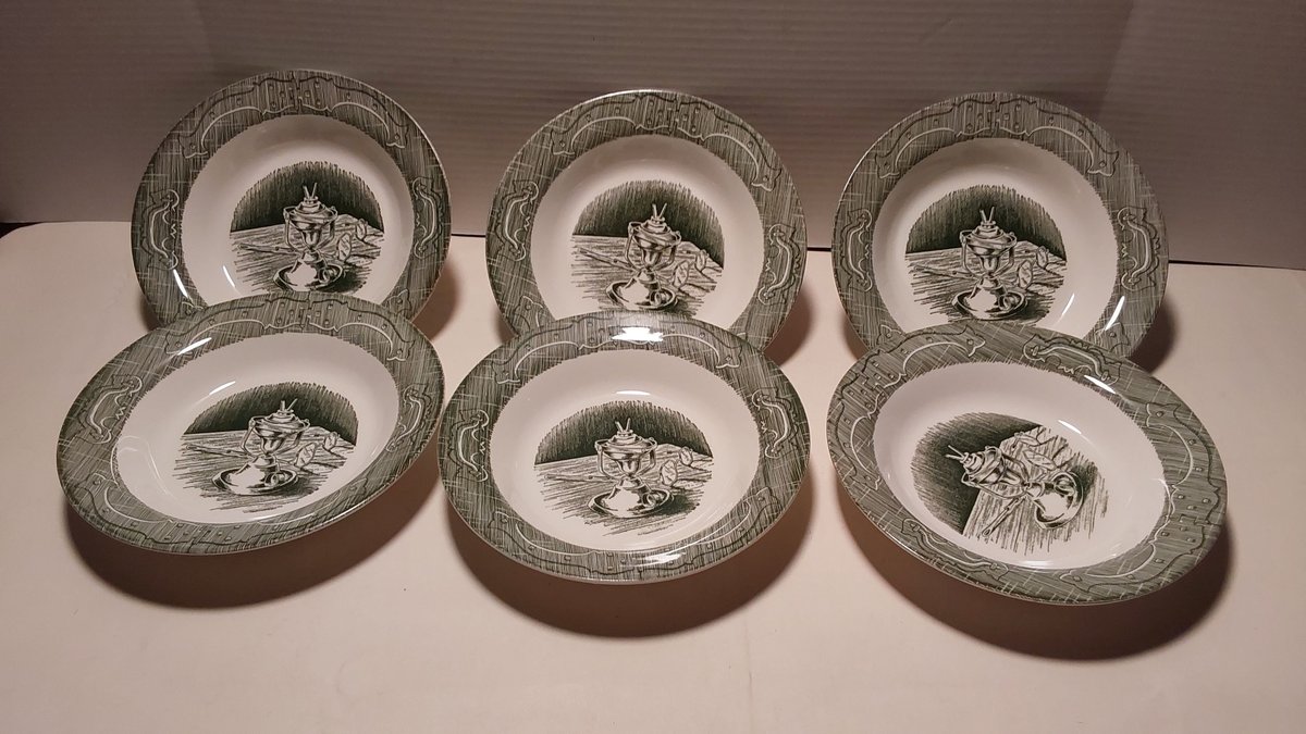 (6) Vintage Green Rimmed Soup Bowls "The Old Curiosity Shop"