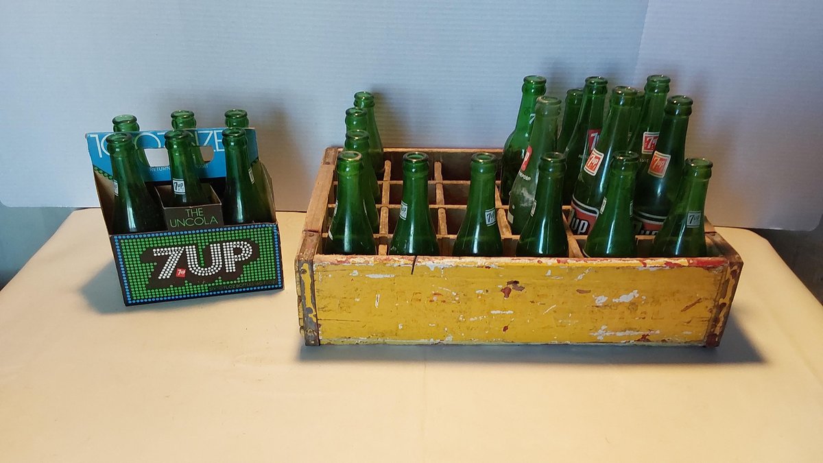 7-Up Bottles in Wooden Crate & Cardboard Carrier