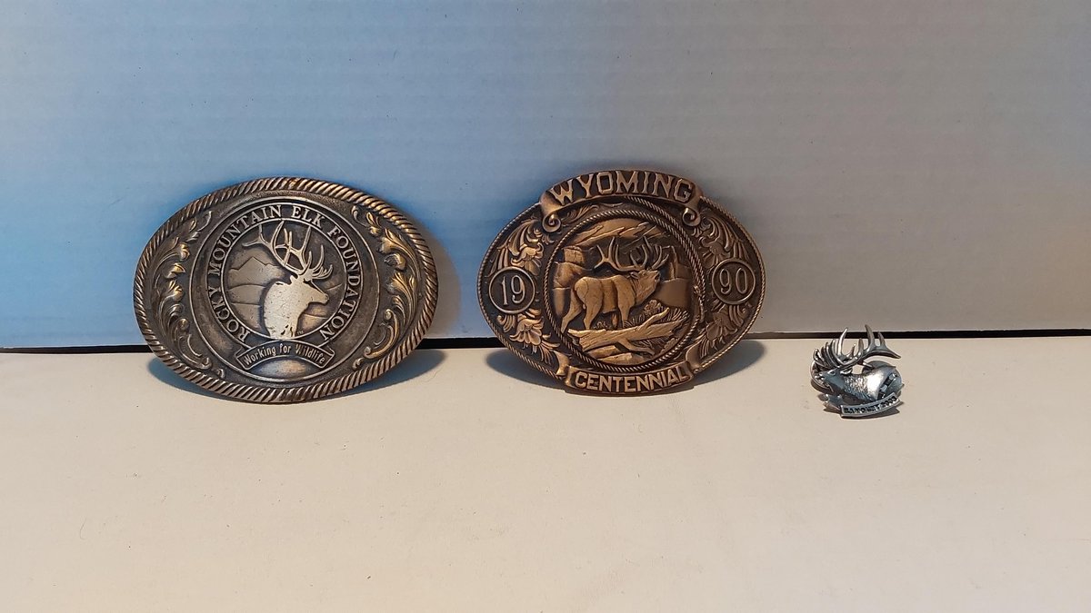 (2) Belt Buckles; Elk Pin