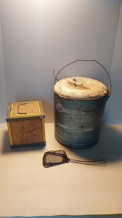 Vintage Metal Minnow Bucket & Bucket Canteen