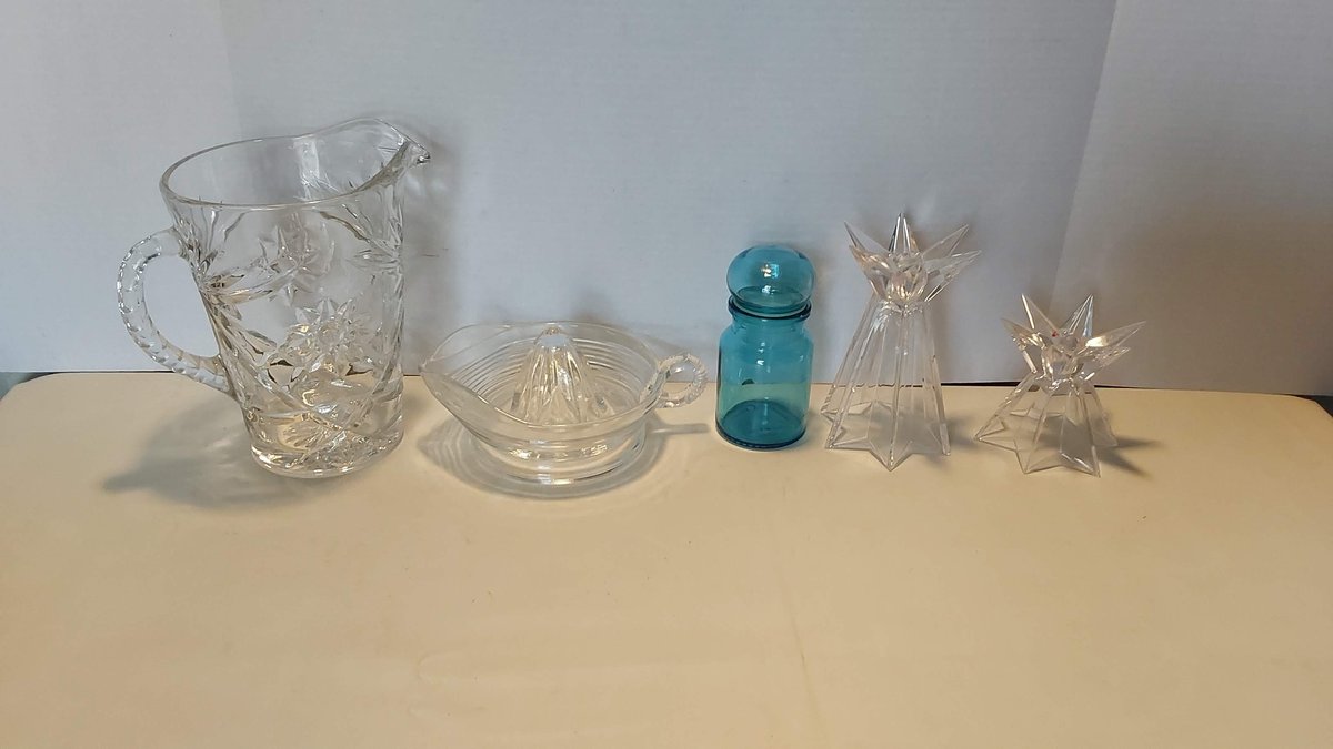Crystal Prescut Pitcher; Juicer; Candle Holder; Blue Jar