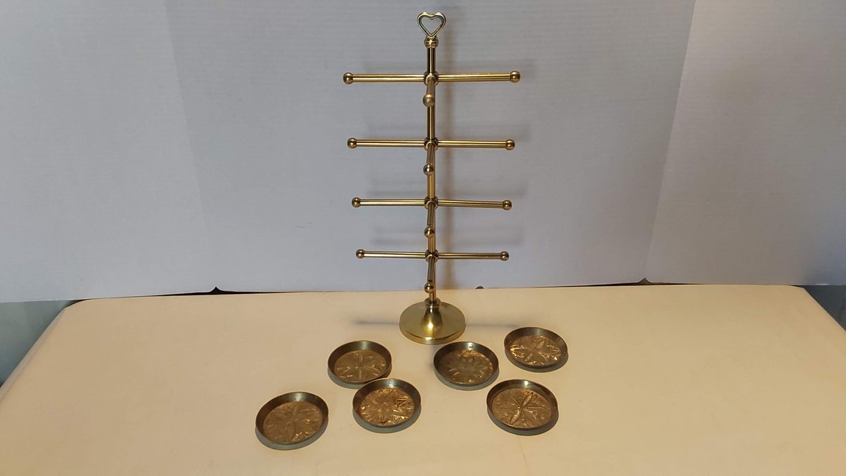 Brass Coffee Cup Stand; (6) Brass Etched Coasters(India)