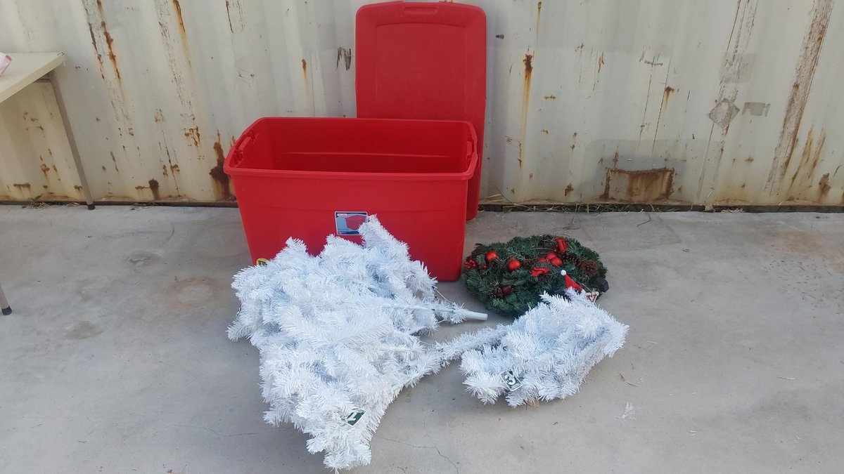 45 Gallon Tote w/Christmas Tree; Wreath; Wrapping Paper