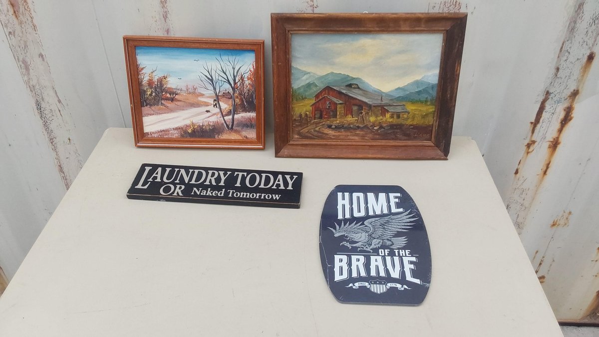 (2) Framed Pictures; (2) Metal Signs