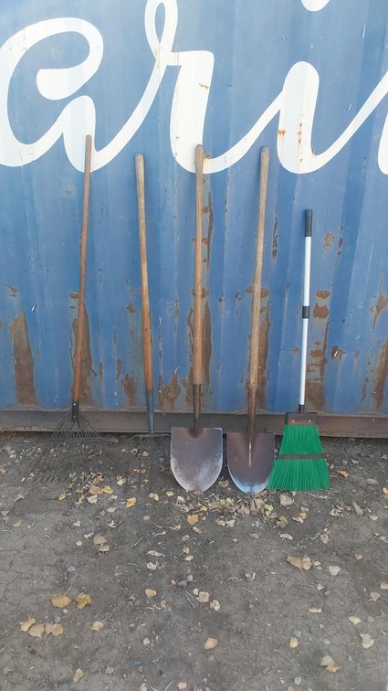 (2) Shovels; Rake; Pitch Fork; Broom