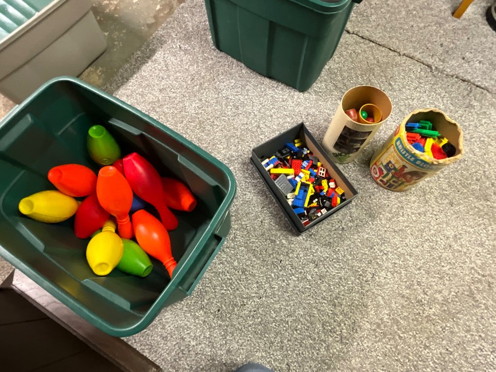 Box of Toys, Legos, Plastic Bowling Pins