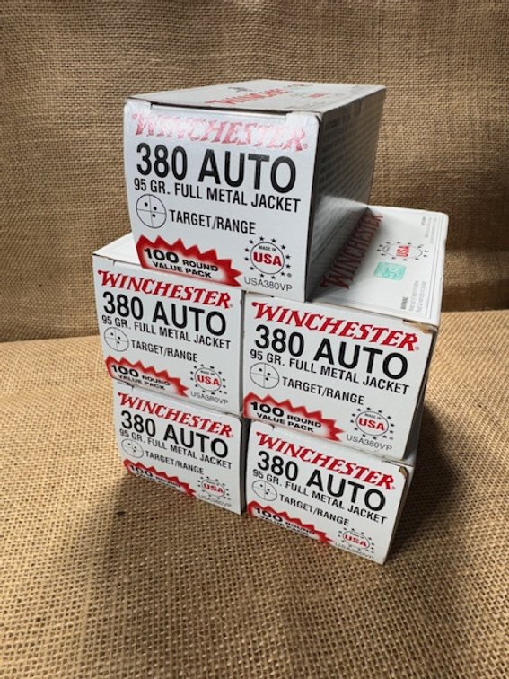 Winchester 380 AUTO 95 GR. Full Metal Jacket - 100 Round Box (5 Boxes)