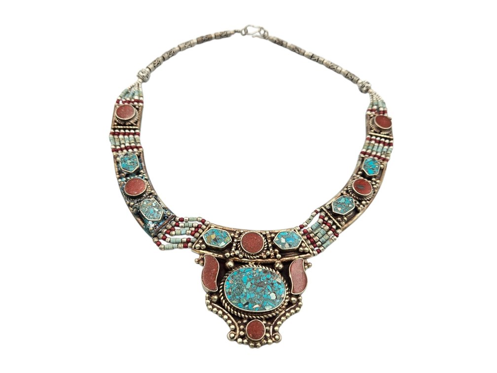Sterling Natural Stone Asian Statement Necklace (V)