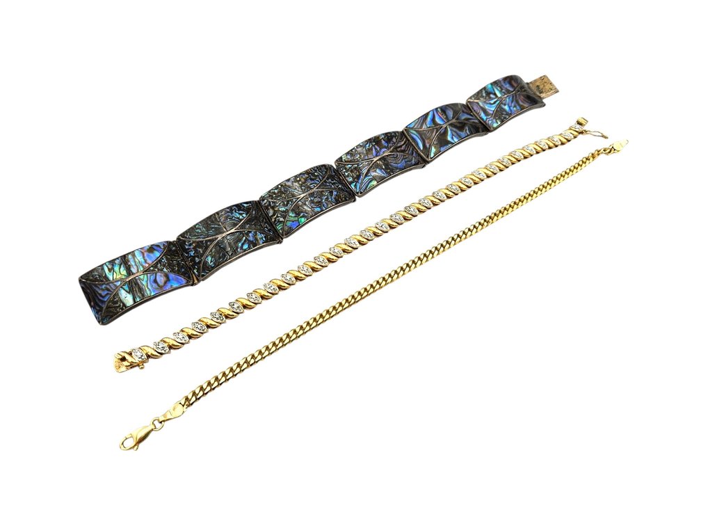 Sterling Abalone Bracelet Cuff, and Sterling Gold-Plated Bracelets (V)