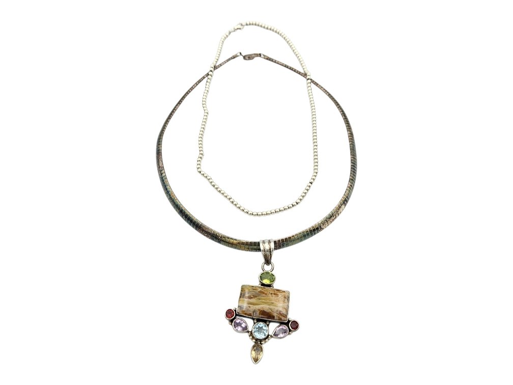 Sterling Statement Natural Stone Necklace, and Italian Sterling Chain with Beads (V)