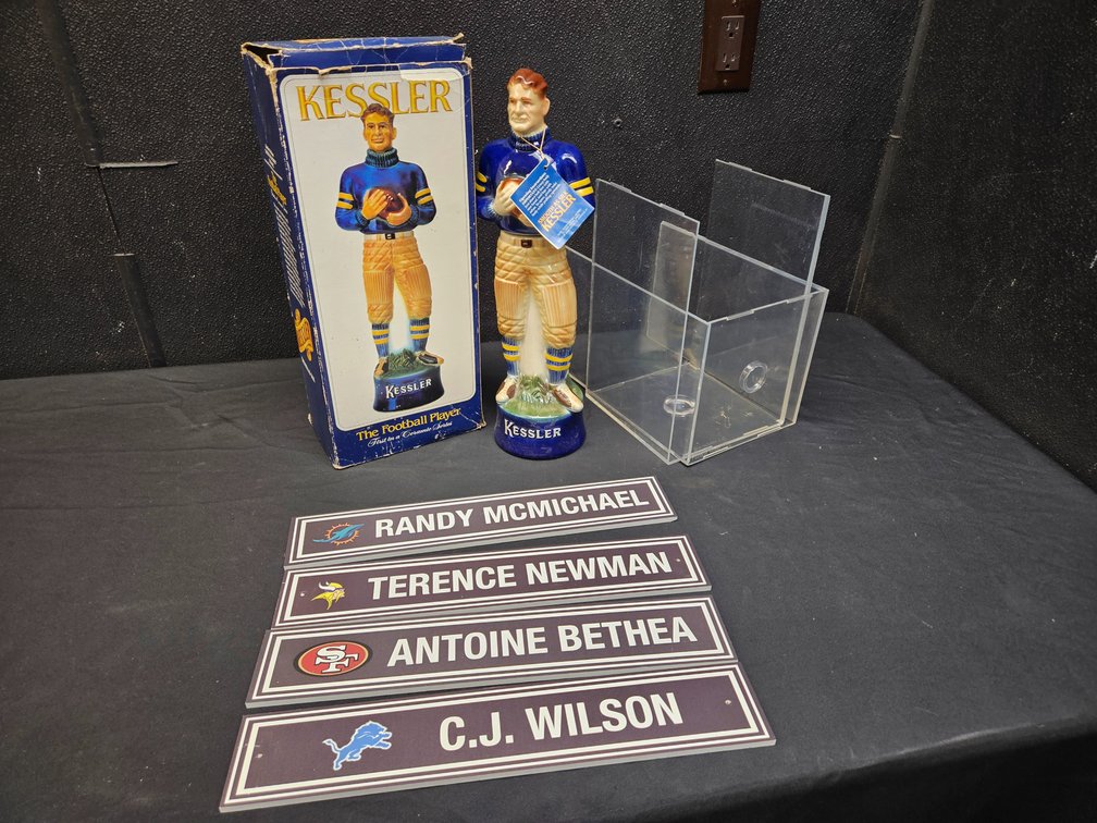 NFL locker name plates; Kessler football player ceramic decanter (no alcohol) with box: Football displaycase (S-6)