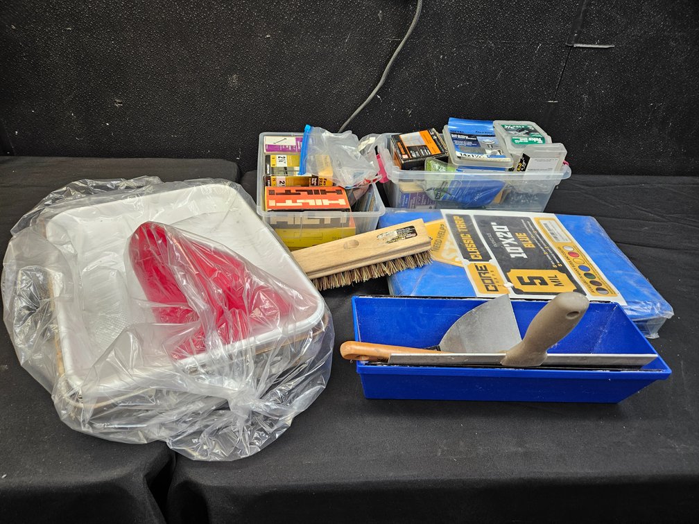 Assorted Hardware Lot, Tarp, Drywalling Tools, and More (S-6)