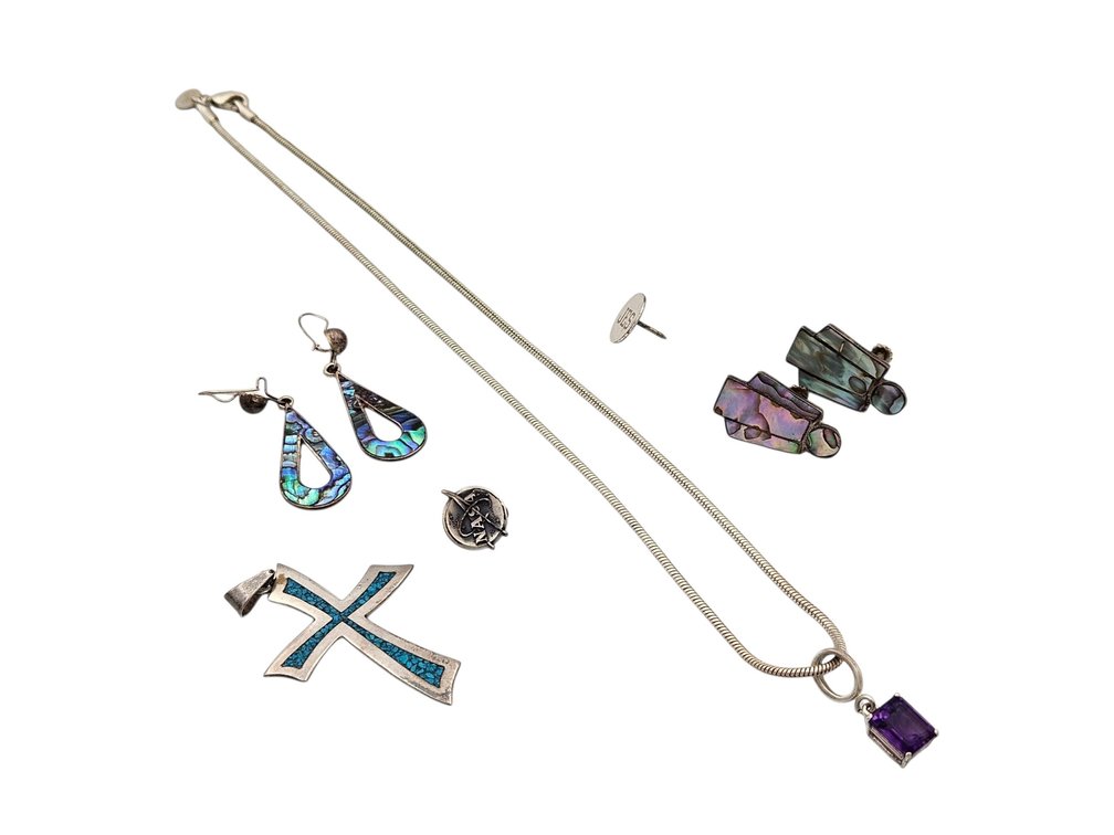 Sterling Necklace, Sterling Earrings, Pins, and Pendant (V)