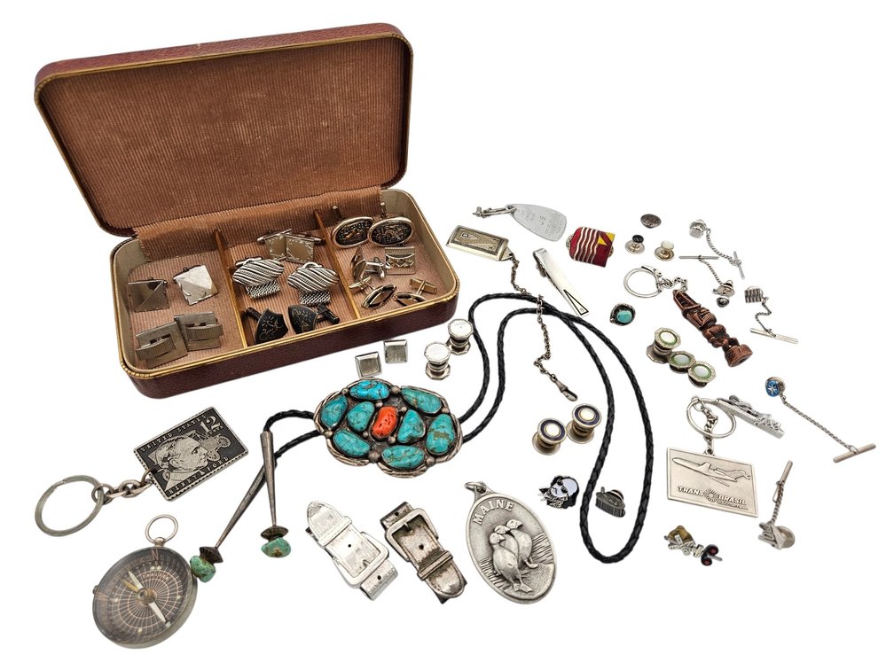 Silver-Colored Mens Vintage Costume Jewelry - Cufflinks, Tie Bars, Key Chains, and More